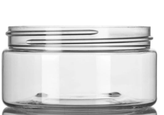 Clear, plastic, wide-mouth jar.