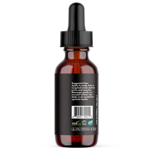 Amber dropper bottle with black label.