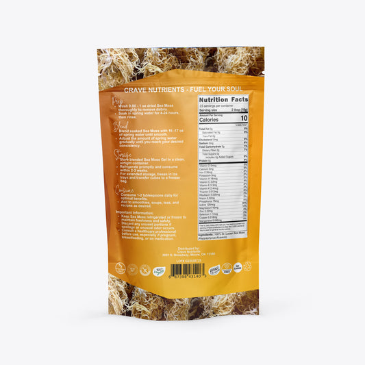 A package of Crave Nutrients Sea Moss, showing preparation instructions and nutrition information.