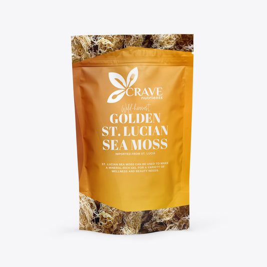 Gold-colored package of St. Lucian sea moss.
