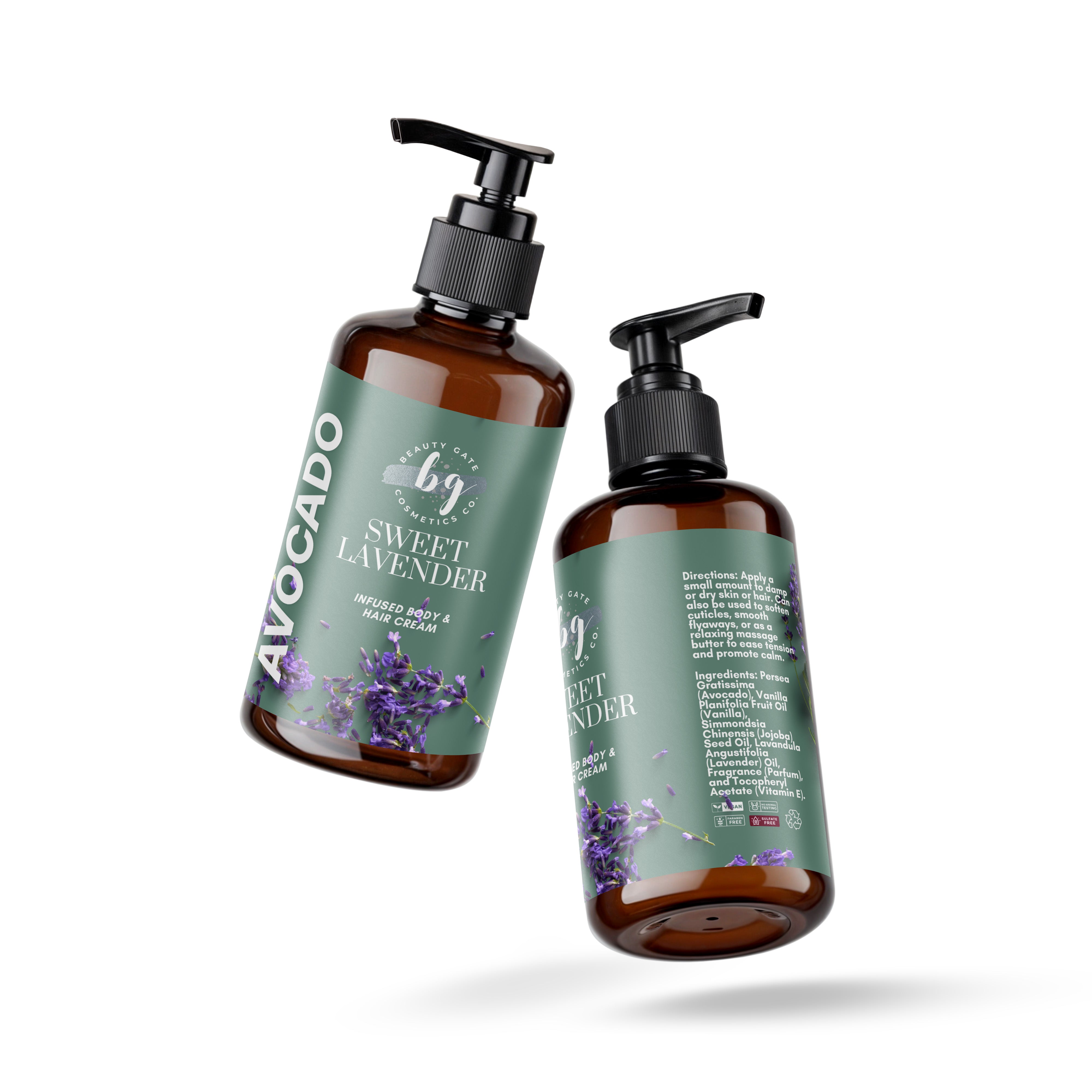 Two brown bottles of avocado and lavender body and hair cream with black pump dispensers.
