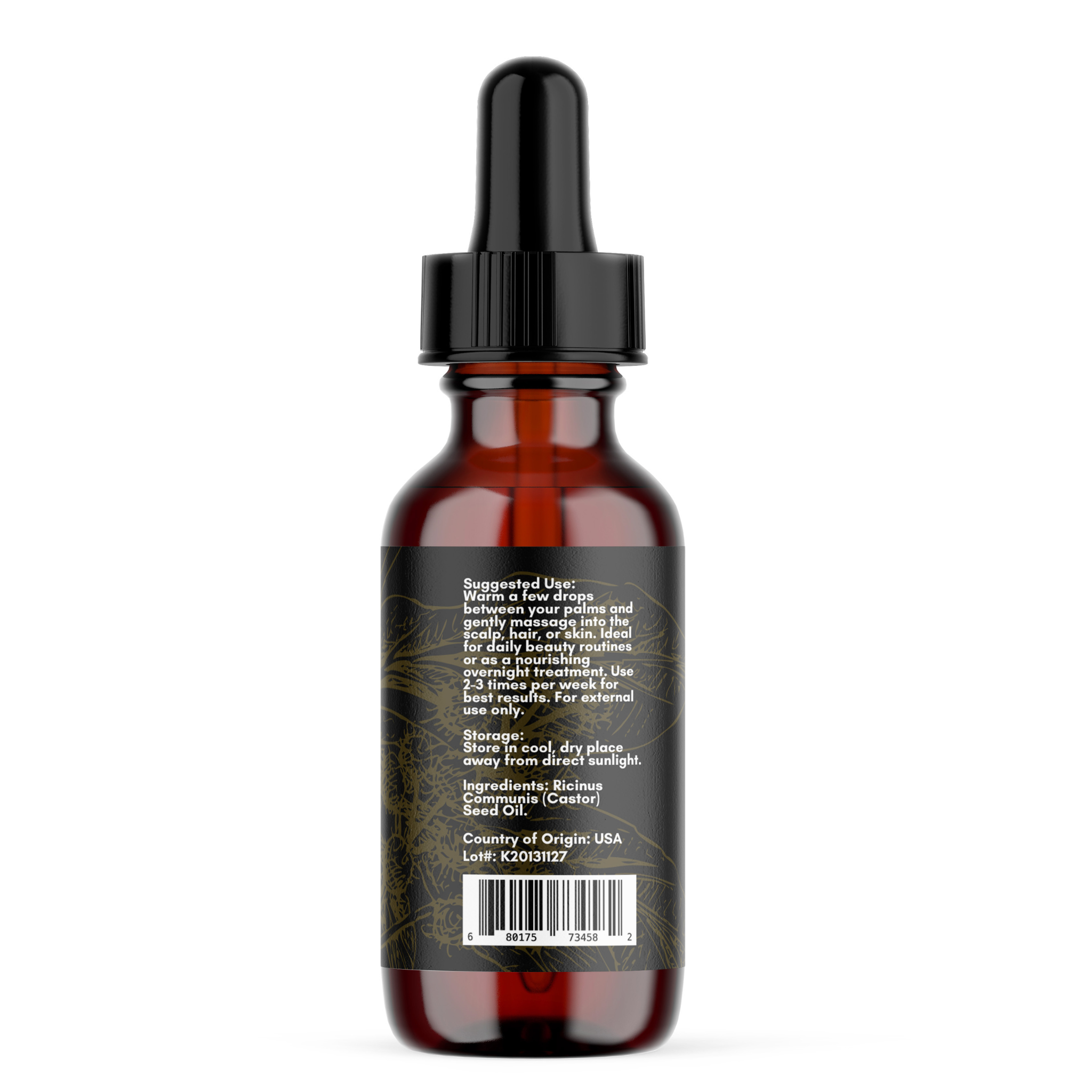 Amber glass dropper bottle with black label and gold design.

