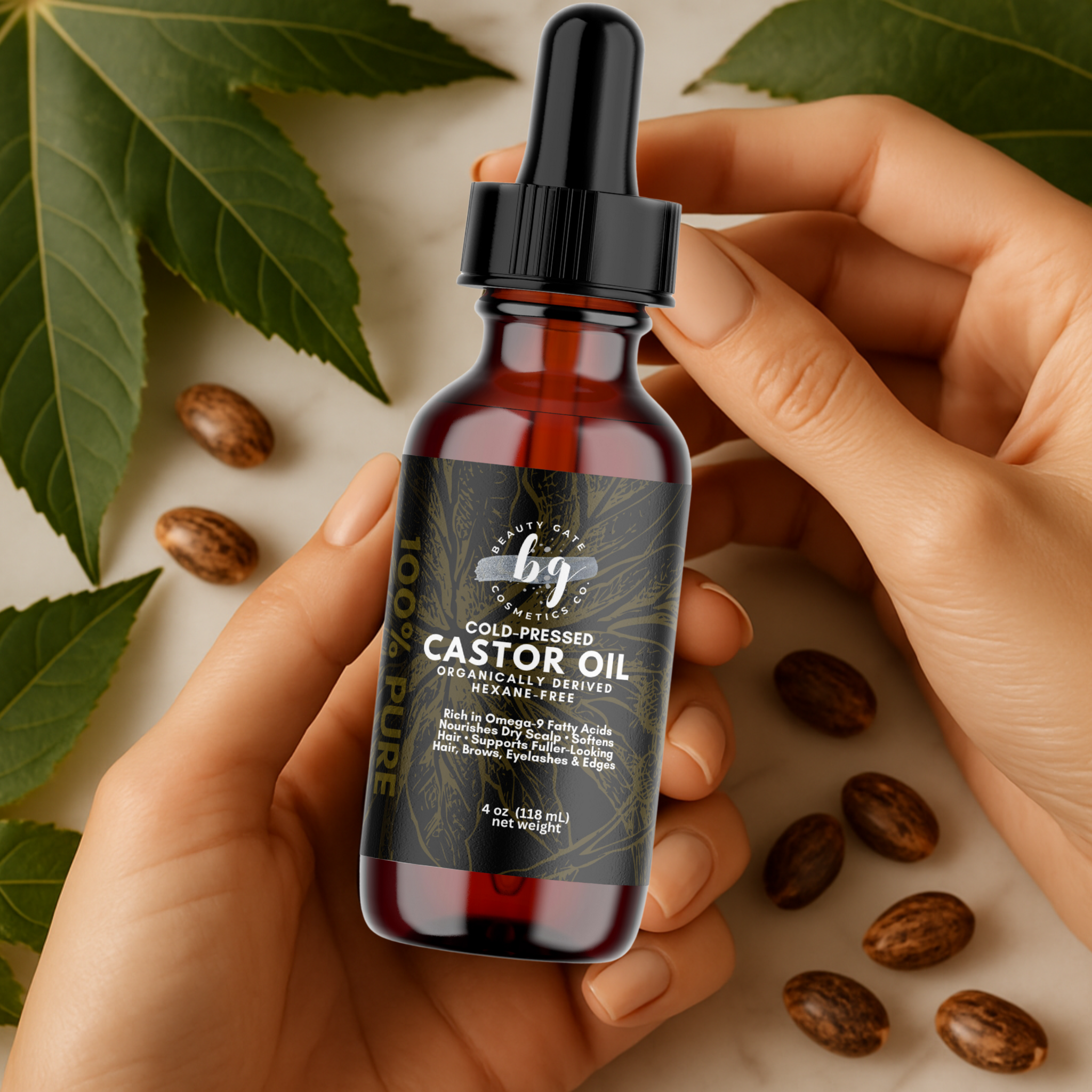 Bottle of castor oil held in two hands.