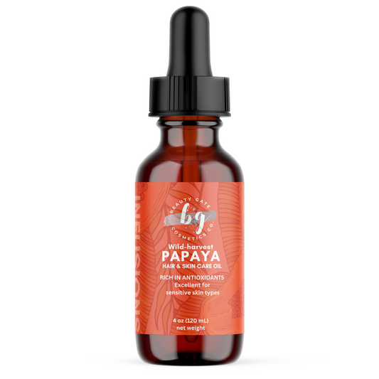 Amber glass bottle with black dropper, labeled "Beauty Gate Cosmetics Wild-harvest Papaya Hair & Skin Care Oil".
