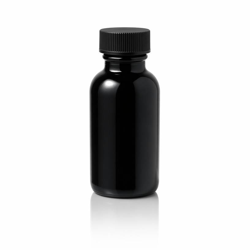 2 oz Black UV Glass Boston Round Bottle with Black Lid — catalog style