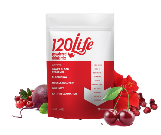 A package of 120Life powdered drink mix with a blend of various fruits and vegetables.