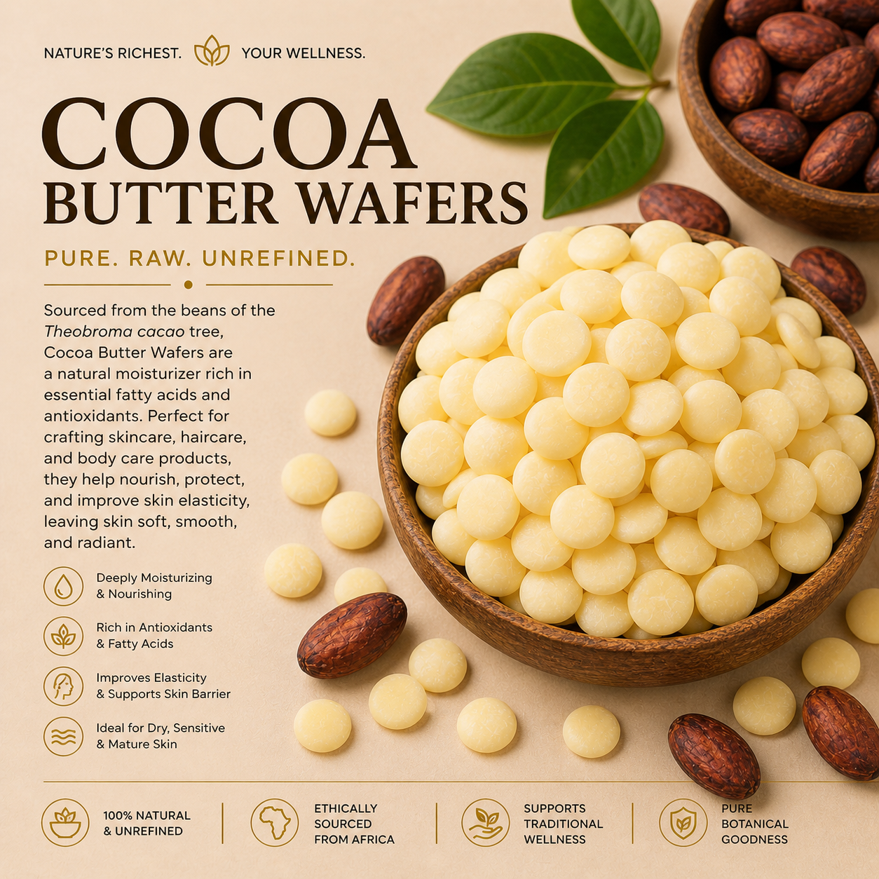 Cocoa Butter Wafers – Wild Harvested, Unrefined, Cosmetic Grade Beauty Gate Cosmetics