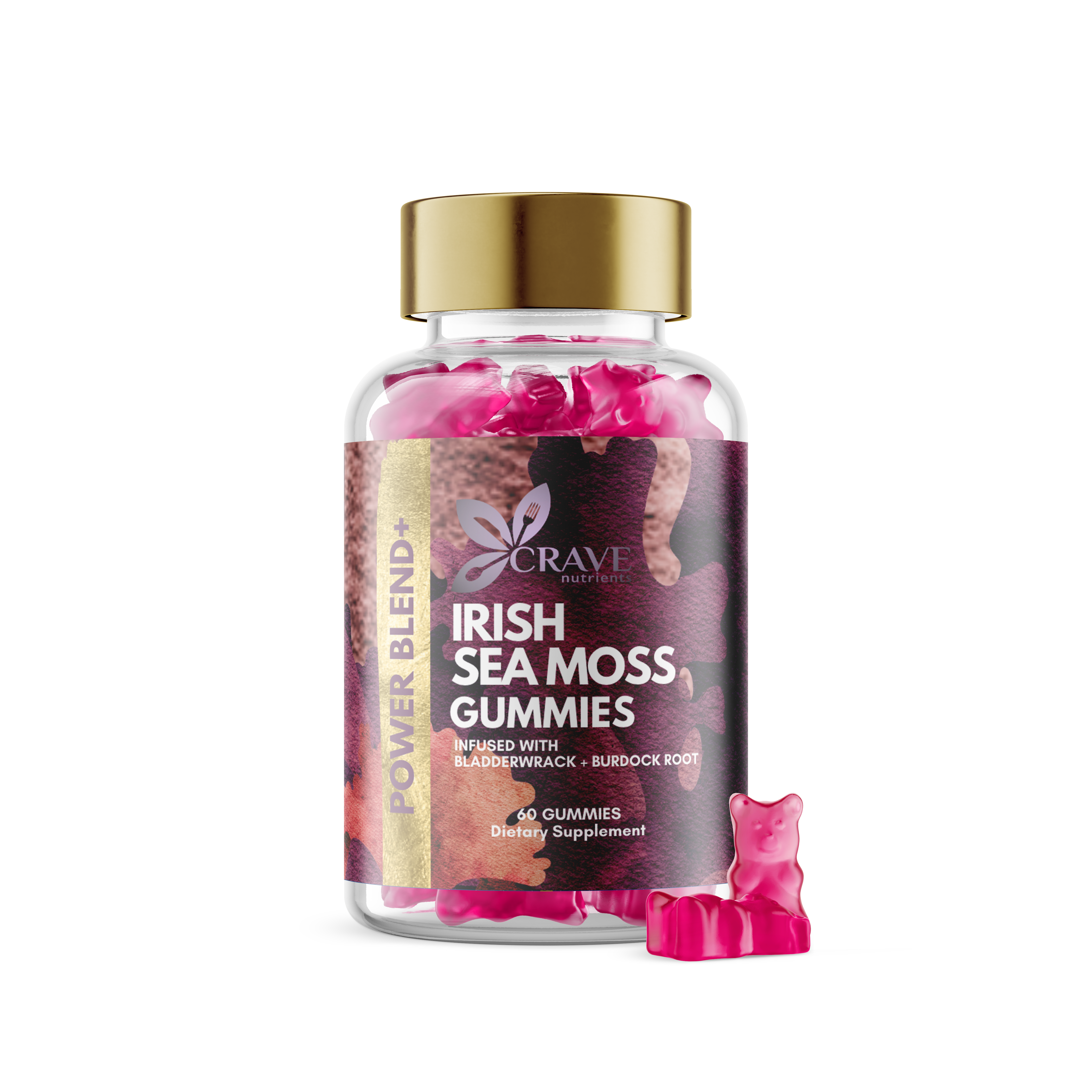 A bottle of Crave Irish Sea Moss Gummies with two gummies outside the bottle.