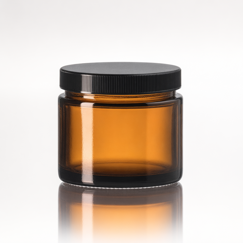 1 oz Amber Glass Straight-Sided Jar with Black Lid — catalog style