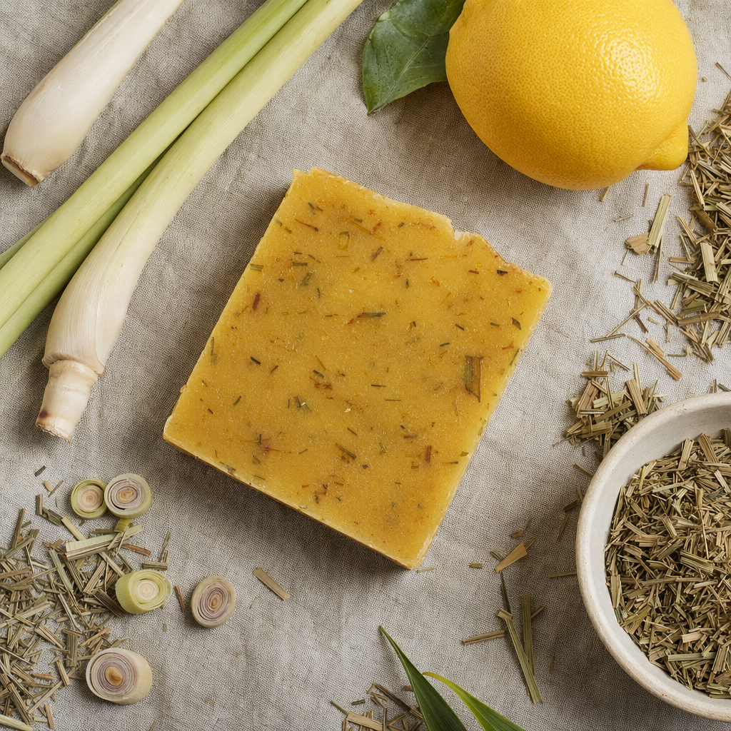 Sweet Lemongrass Soap Bar flat lay with lemongrass stalks on linen