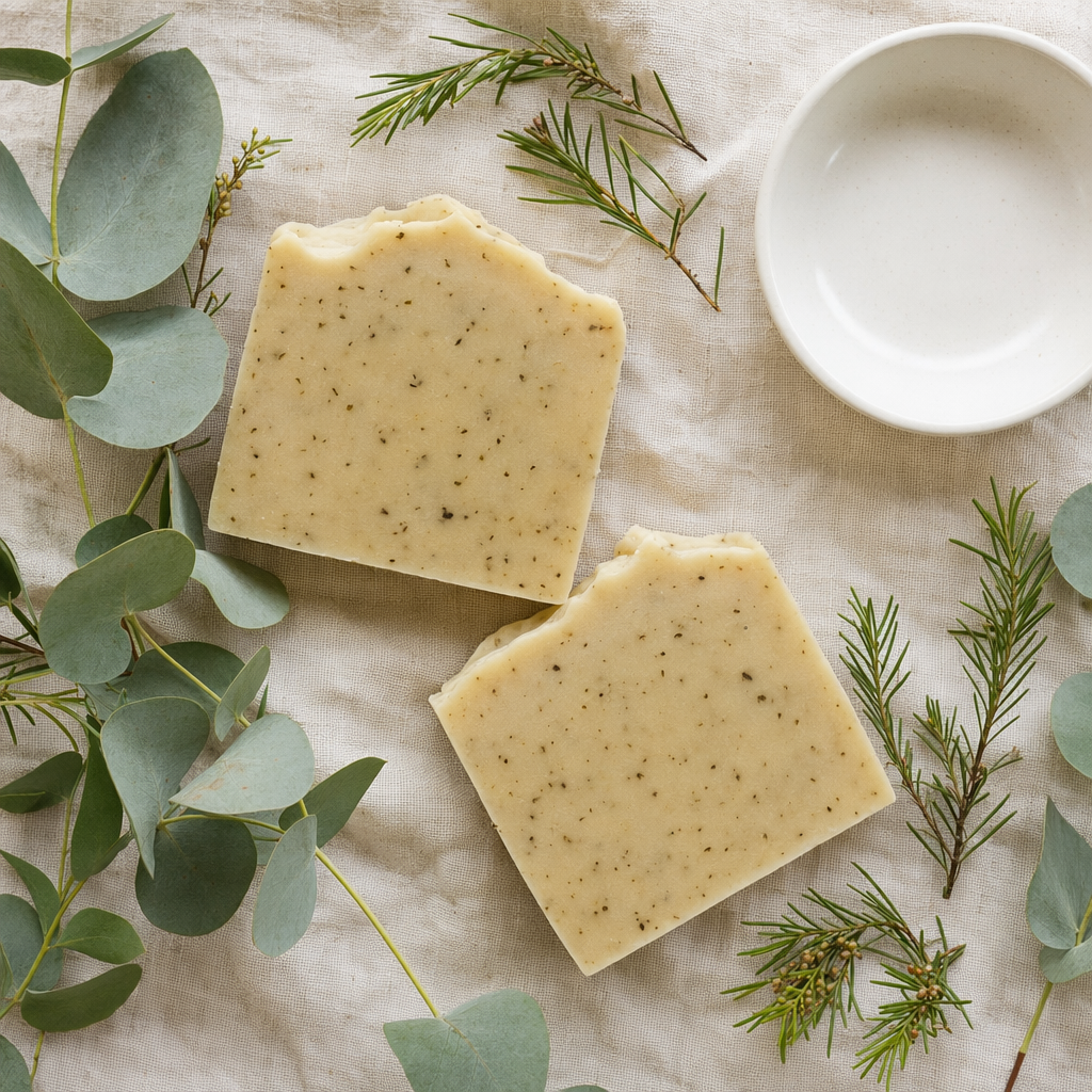Tea Tree Soap Bar flat lay on natural linen with eucalyptus and rosemary botanicals