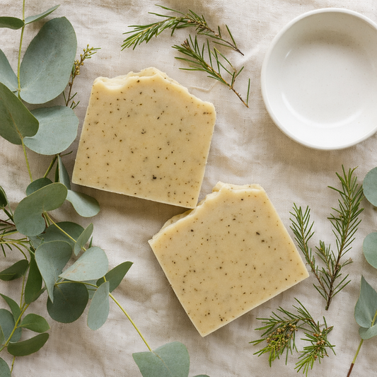 Tea Tree Soap Bar flat lay on natural linen with eucalyptus and rosemary botanicals