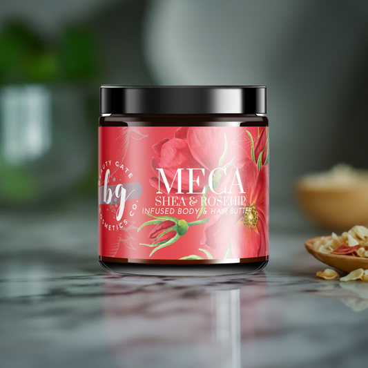 A jar of "Meca Shea & Rosehip Infused Body & Hair Butter" is featured on a marble surface with botanical elements scattered around.