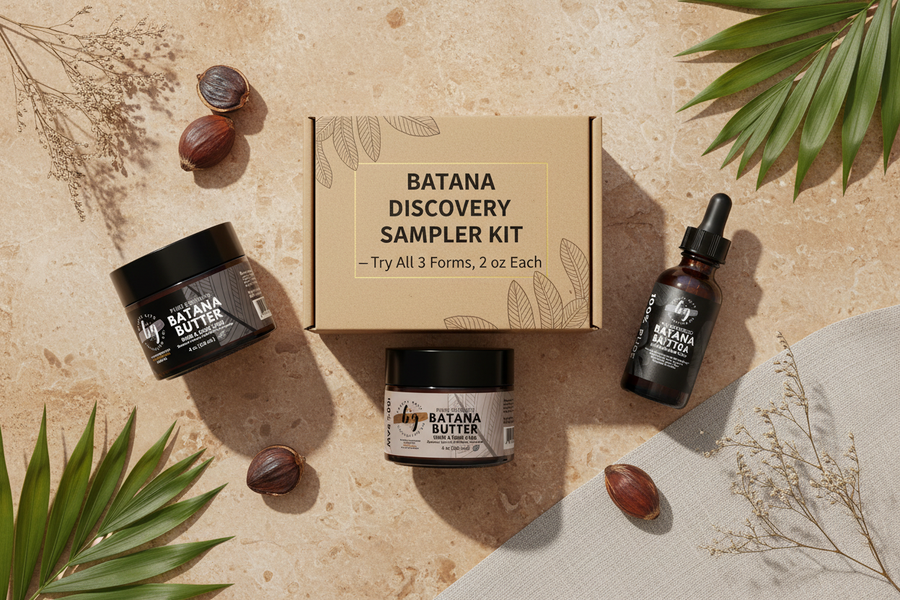 Batana Discovery Sampler Kit featuring Raw Batana Butter, Solid Batana Oil, and Wild-Harvested Batana Oil — 2 oz each