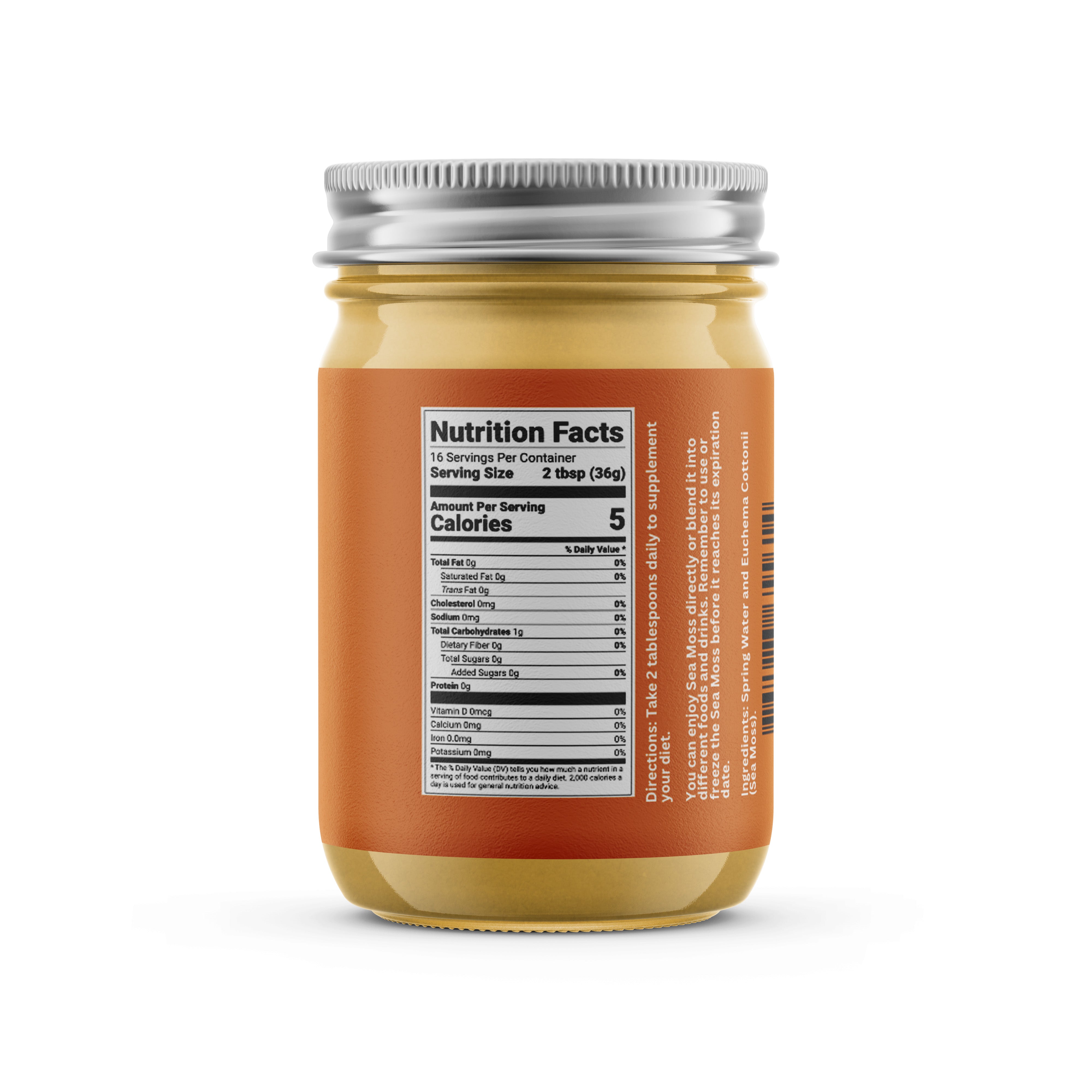 Glass jar filled with yellow sea moss gel, labeled with nutrition facts and usage directions.
