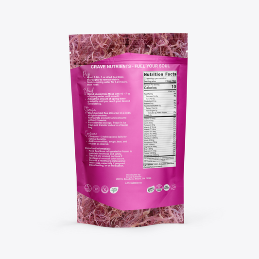 A package of Crave Nutrients Sea Moss, displaying instructions, nutritional facts, and ingredients.