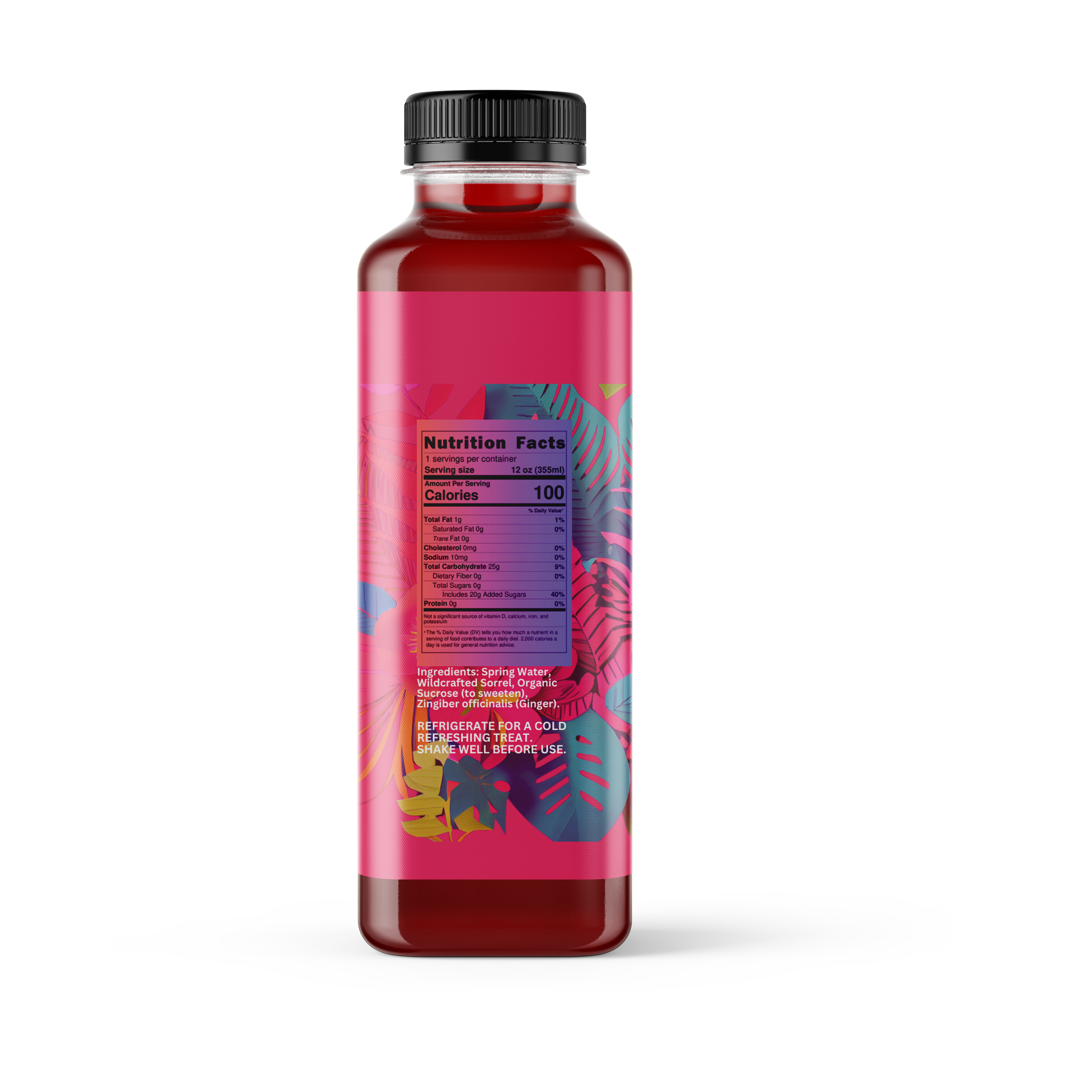 Bottle of sorrel juice with a nutrition label.