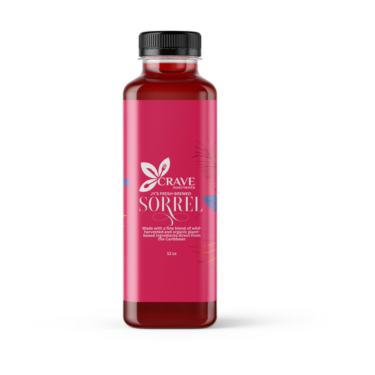 A bottle of Crave Nutrients Sorrel drink with a pink label.