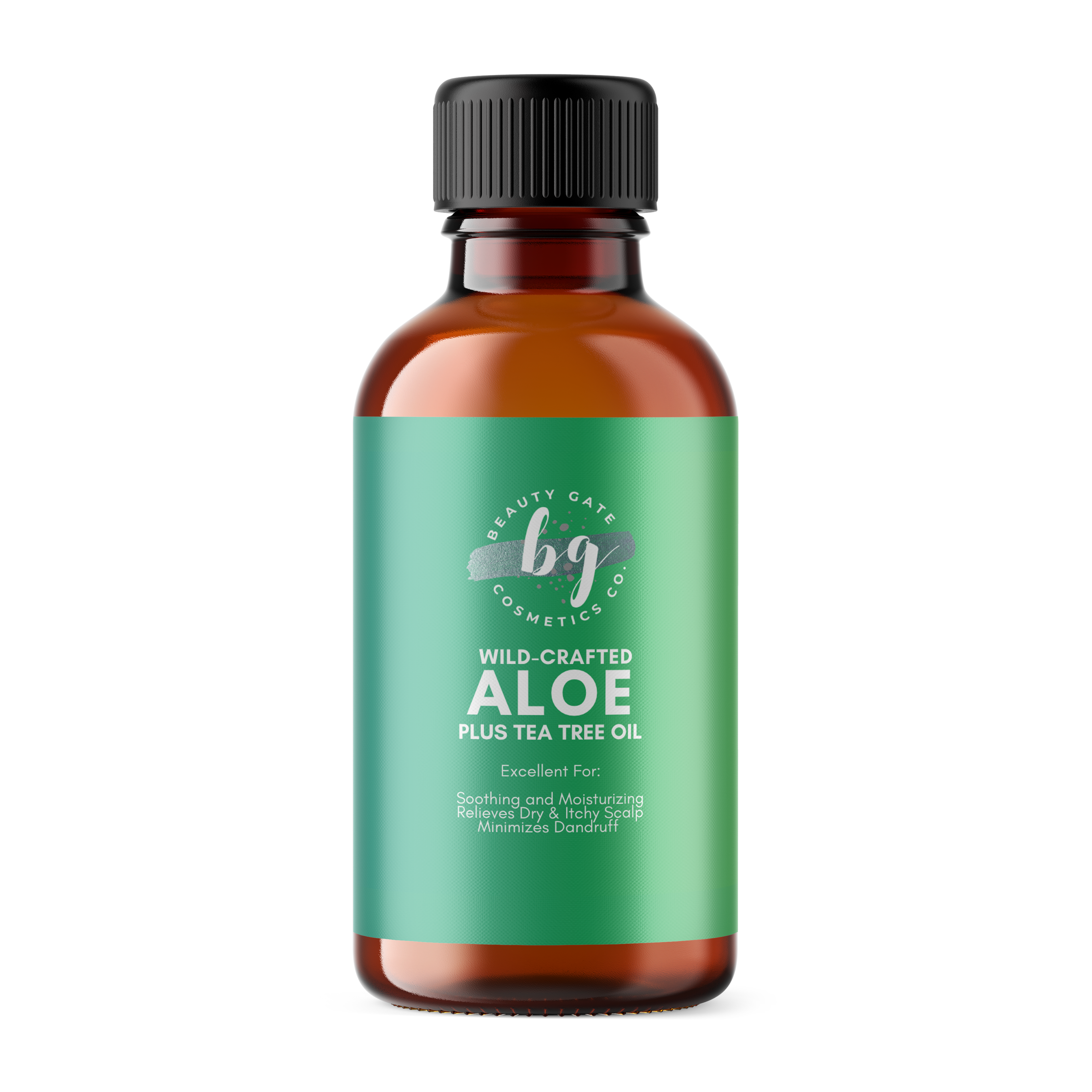 A bottle of natural Beauty Gate Aloe Vera Plus Tea Tree oil on a white background - provided by Beauty Gate Cosmetics.