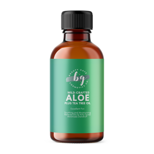 A bottle of natural Beauty Gate Aloe Vera Plus Tea Tree oil on a white background - provided by Beauty Gate Cosmetics.